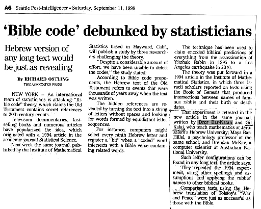 `Bible code' debunked by statisticians